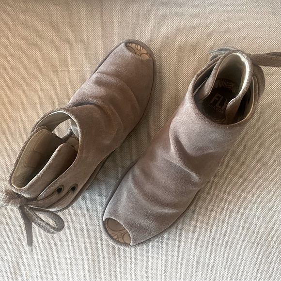 Fly London Suede Peep-Toed Booties with Wedge Heel and Tie Backs - Picture 2 of 8